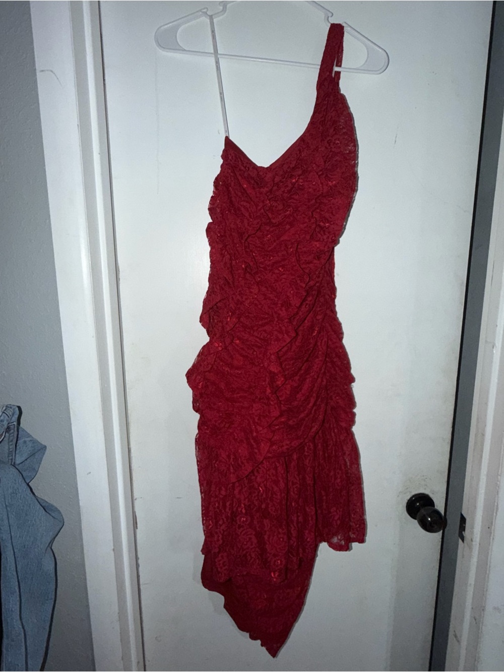 Just Me Red One-Shoulder Asymmetrical Ruffle Lace Dress